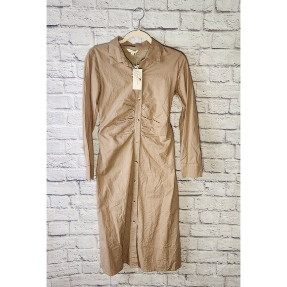 Sim & Sam Womens Size S Camel Cotton Ruched Button Down Midi Long Sleeves Dress - Picture 1 of 4